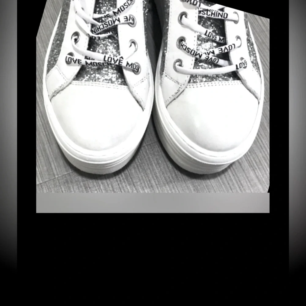 Love Moschino Silver Glitter Leather platform sneakers in White EU Size 38 = 8